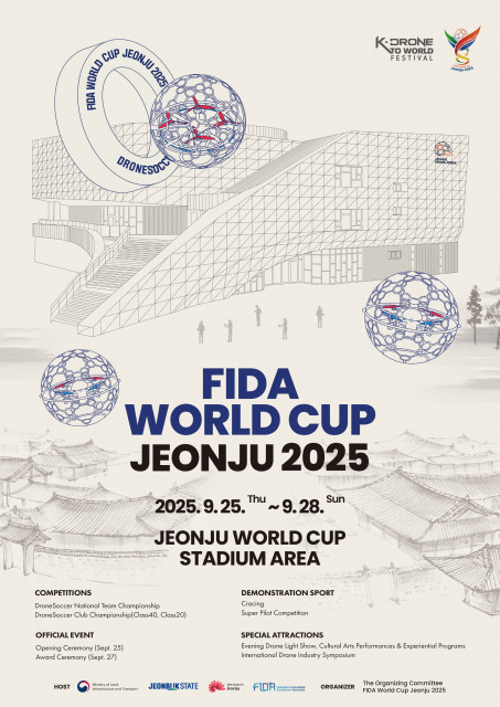 The FIDA World Cup Jeonju 2025 will take place from September 25 to 28 at Jeonju World Cup Stadium, bringing together over 2,500 athletes from 32 countries. The tournament will serve as a premier global platform for drone soccer, while also showcasin