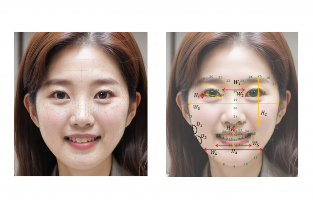 LG생활건강 안면 특징점 추출 기술 적용 예시(좌), 얼굴 부위별 6가지 노화 지표 정의 예시(우)