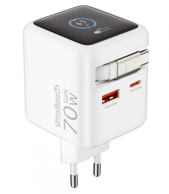 울트라부스트 ‘70W AI 컬러 액정 케이블 일체형 2포트 충전기’