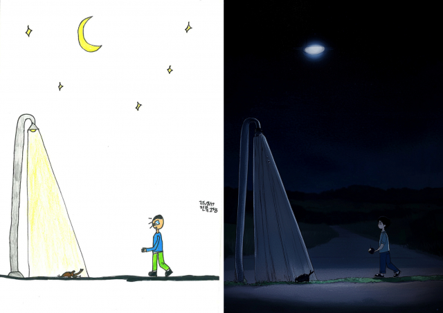 저녁에 산책을 나갔다가 가로등 밑에서 장수풍뎅이를 보았던 일이 행복했다며, 청소년이 직접 그린 손그림을 AI가 새롭게 표현한 작품(사진 제공: 방배ART유스센터)