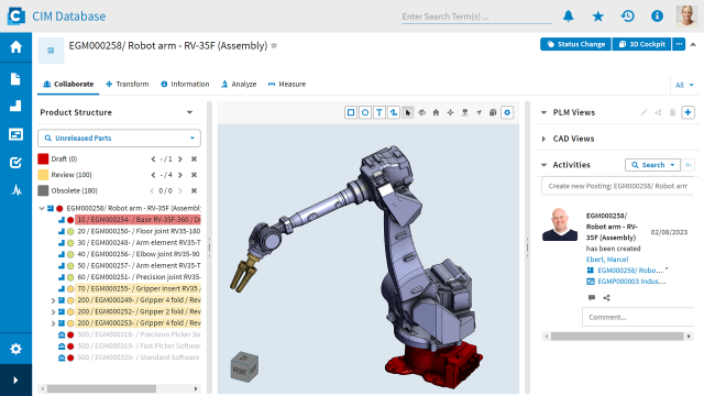 로봇 공작기계 3D 어셈블리 도면 관리 화면