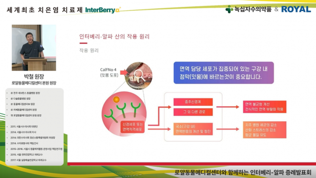 박철 원장(로얄동물메디컬센터 본원)이 GTR의 원리와 치료 과정, 그리고 인터베리-알파 병용 효과를 다룬 실제 임상 케이스를 소개하고 있다