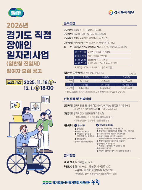 ‘2026년 경기도 직접 장애인일자리 사업’ 참여자 모집 포스터