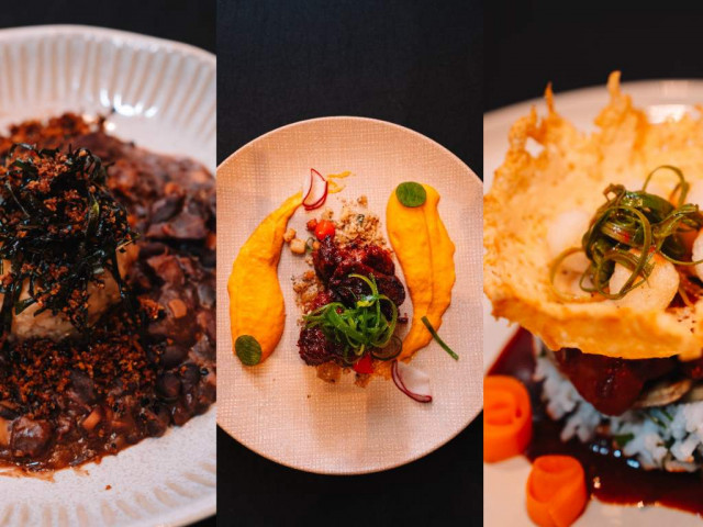 ‘2025 한식요리대회: 장(醬)’ 결선 요리들. 왼쪽부터 한국 된장으로 브라질의 국민음식인 ‘페이조아다’를 재해석한 ‘페이조아다 서울’, 돼지갈비와 퓌레를 조합한 요리, 고추장 소스를 이용한 치킨 요리(제공=주브라질한국문화원)