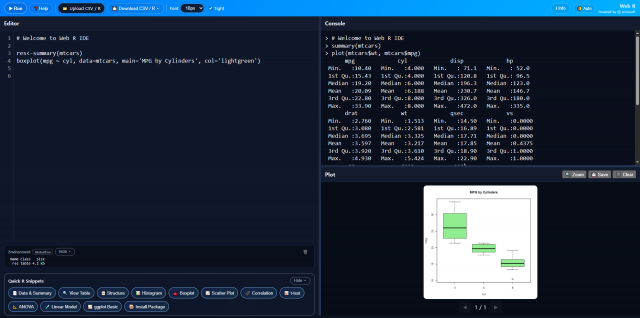 브라우저에서 설치 없이 실행되는 ‘Web R IDE’ 화면. 데이터 업로드 후 곧바로 분석·시각화가 가능하며 AI 사이드바 기능을 통해 코드 해설 지원까지 제공한다
