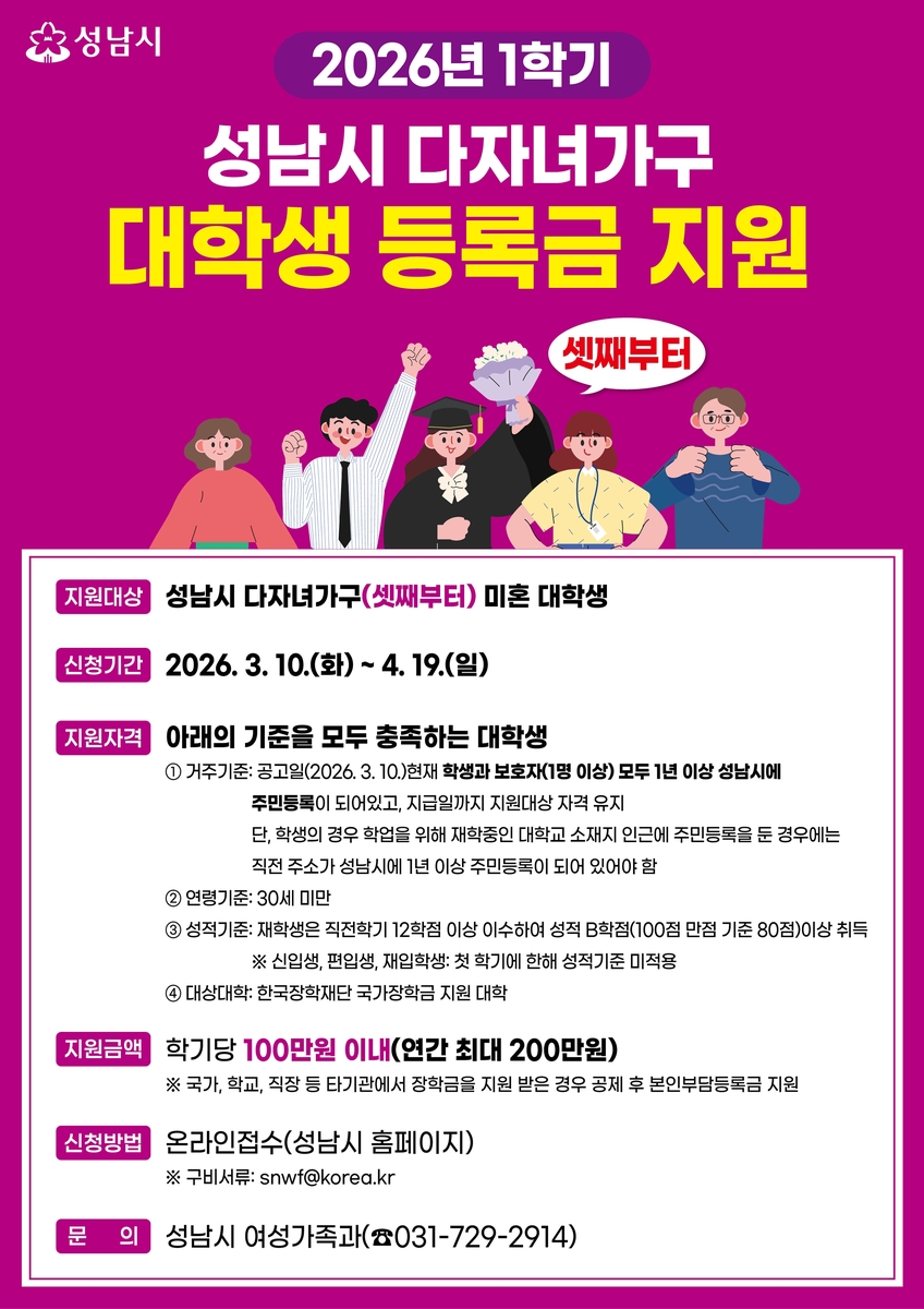 성남시, 셋째 이상 대학생에 '학기당 최대 100만 원' 등록금 지원