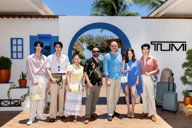 왼쪽부터 태국 셀러브리티 블루(Blue), 덩크(Dunk), 투미 글로벌 마케팅 및 이커머스 수석 부사장 질 크라이젤만(Jill Krizelman), 투미 글로벌 크리에이티브 디렉터 빅터 산즈(Victor Sanz), 투미 아시아태평양 & 중동 지역 헤드 아리스 마룰리스(Aris Maroulis) 부사장, 태국 셀러브리티 베키(Becky), 마일(Mile)