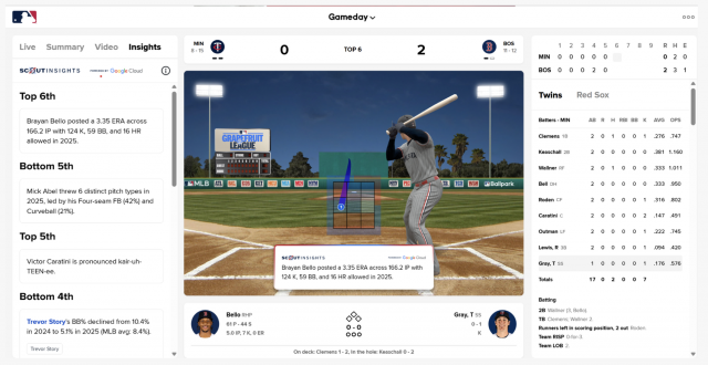 제미나이 기반 MLB 스카우트 인사이트가 적용된 ‘게임데이’ 데스크톱 화면