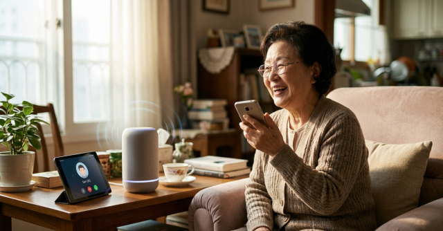 베이직인터내셔널의 ‘아우라 보이스’ 대화형 케어 솔루션 구동 장면. 봄 햇살 아래 어르신이 자녀의 목소리로 학습된 스마트 스피커와 실시간 양방향 대화를 나누며 즐거워하고 있다