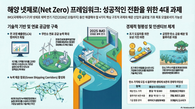 해양 넷제로(Net Zero) 프레임워크: 성공적인 전환을 위한 4대 과제(출처: NotebookLM 활용)