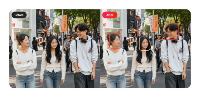 VDIT v4.0.0 업데이트 버전 ‘AI 얼굴 자동 감지 모자이크’ 소개 이미지. 영상 속 여러 얼굴을 자동으로 감지해 손쉽게 모자이크 처리할 수 있다