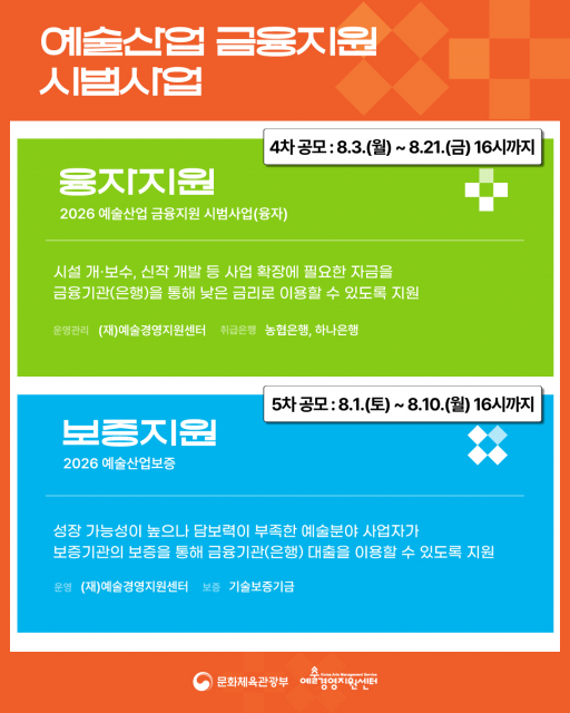 2026 예술산업 정책금융 융자 4차 보증 5차(8월) 공모 안내 이미지(사진 제공: 예술경영지원센터)