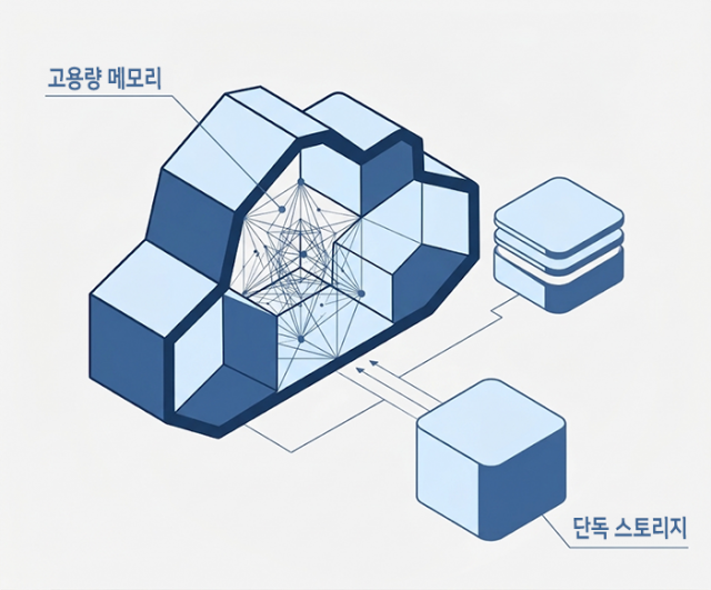 대규모 워크로드와 높은 I/O 성능을 요구하는 환경을 위해 설계된 글로벌호스트 울트라 VPS의 핵심 구조를 시각화한 다이어그램. ‘고용량 메모리(연산 및 처리 코어)’가 중앙의 클라우드 블록 내부에 촘촘한 신경망/네트워크 형태로 표현돼 있다. 대규모 트래픽, 복잡한 쿼리, 인메모리 연산 등을 병목 현상 없이 처리할 수 있는 넉넉한 가상 RAM 자원을 의미한다. ‘단독 스토리지(독립 I/O 보장)’는 클라우드 인스턴스와 양방향 화살표로 직결된 하